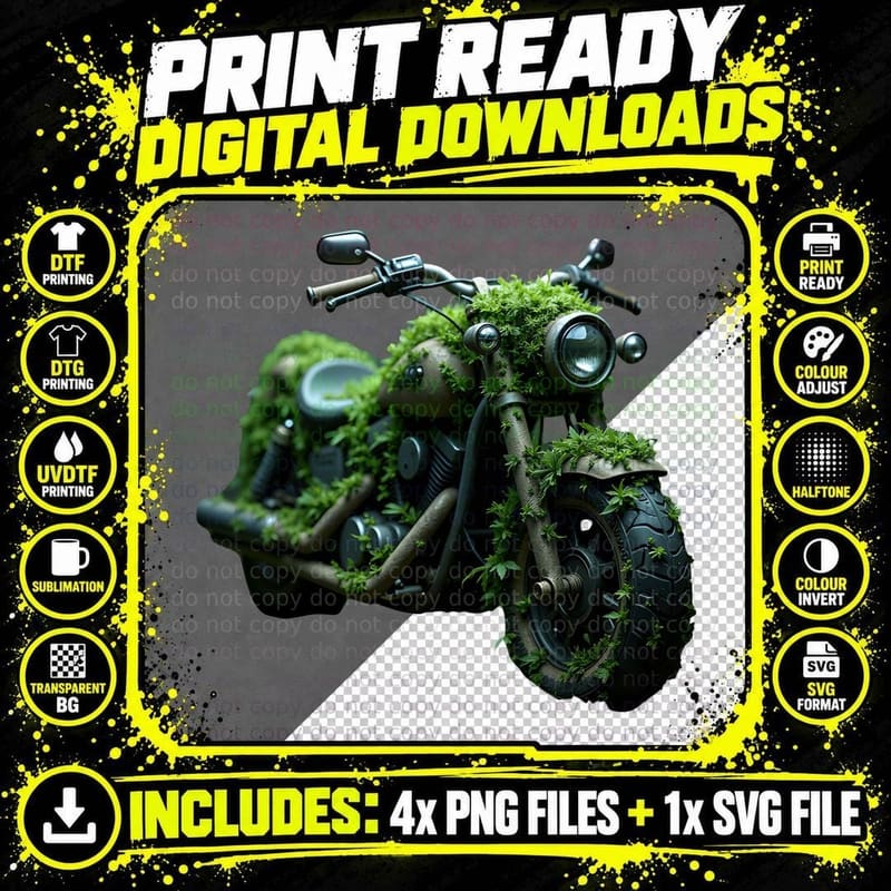 Vintage Overgrown Motorcycle with Lush Greenery Biker Png SVG Digital Bundle