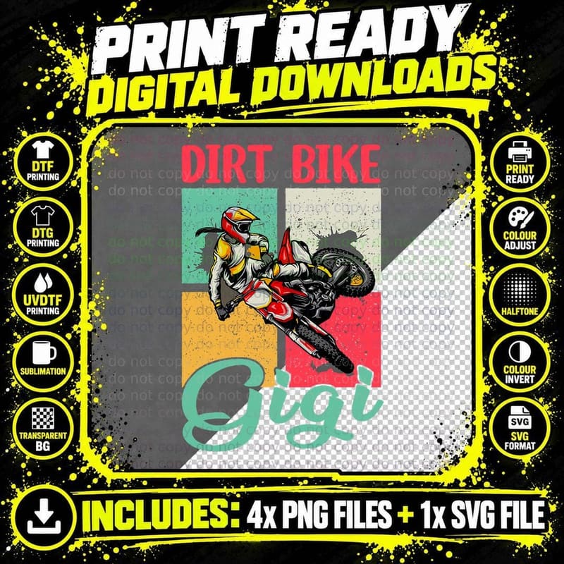 Vintage Retro Dirt Bike Gigi Woman Riding Dirt Bike Png SVG Digital Bundle