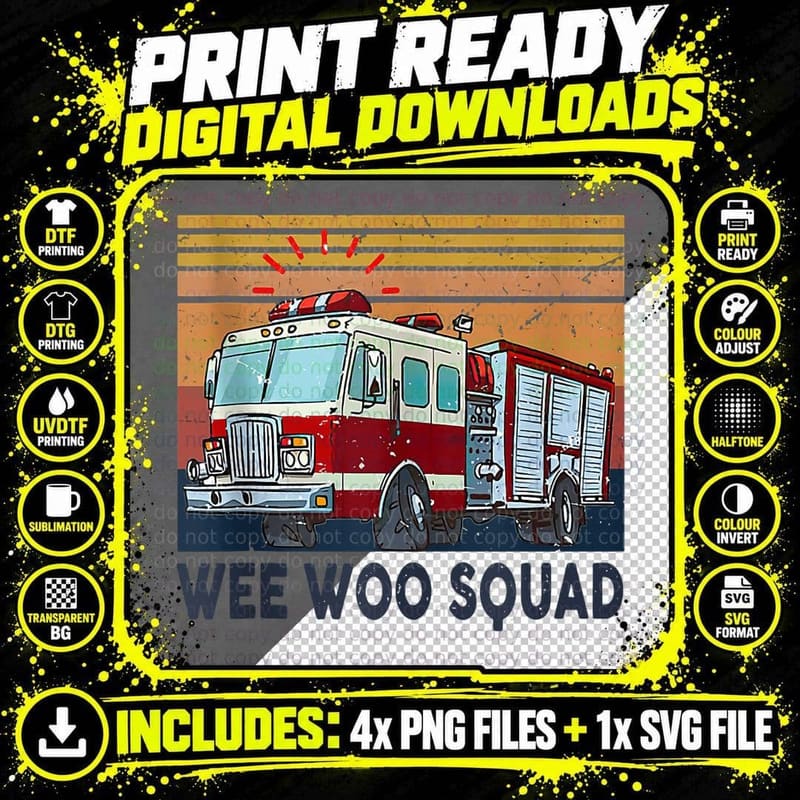 Wee Woo Squad Fire Truck Firefighter Vintage Classic Png SVG Digital Bundle