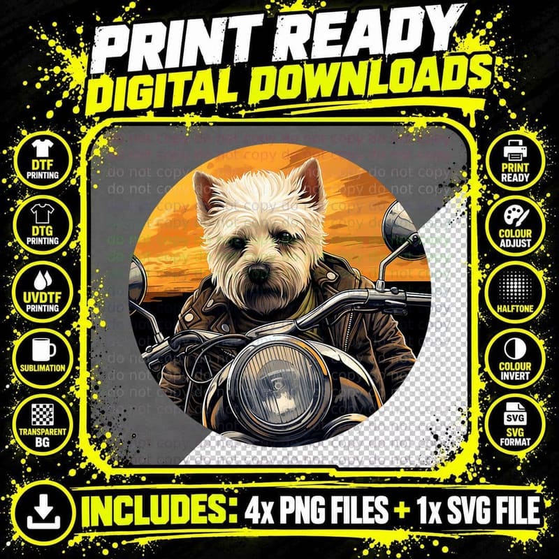 West Highland White Terrier Biker Funny Dog Motorcycle Png SVG Digital Bundle