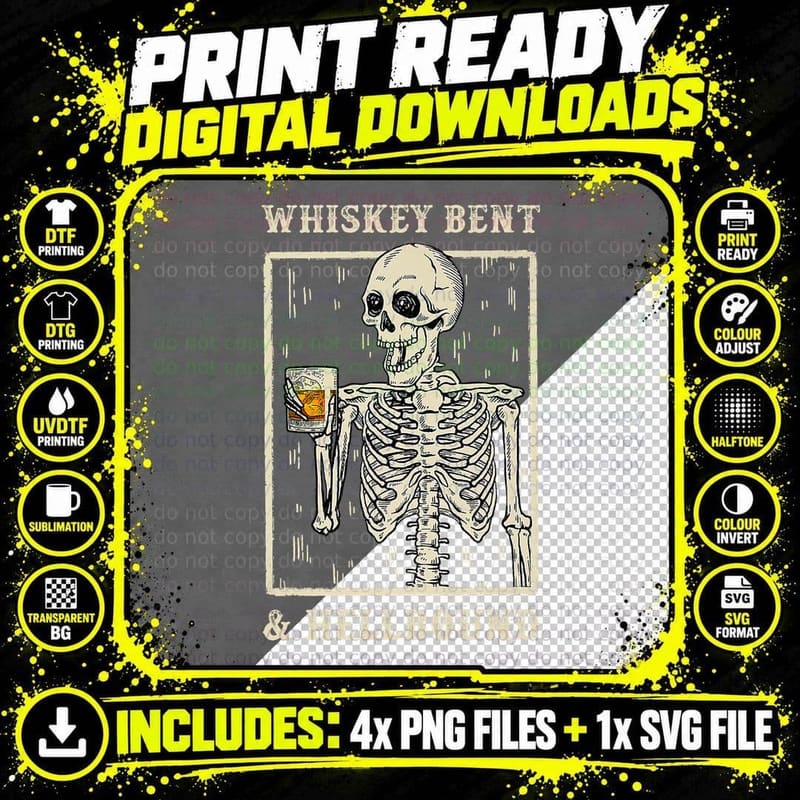 Whiskey Bent and Hellbound Country Music Biker Bourbon Png SVG Digital Bundle