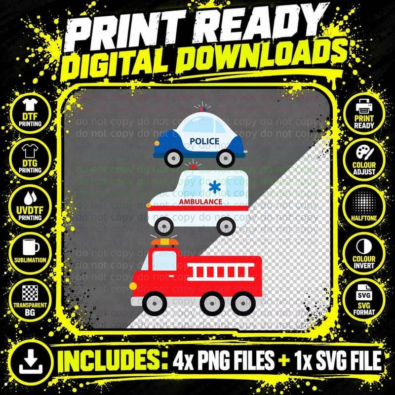 Emergency Vehicles Fire Truck Police Car Ambulance Cars Png SVG Digital Bundle