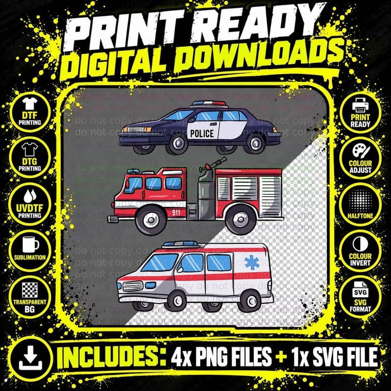 Emergency Vehicles Gift for Boys Police & Fire Truck Png SVG Digital Bundle