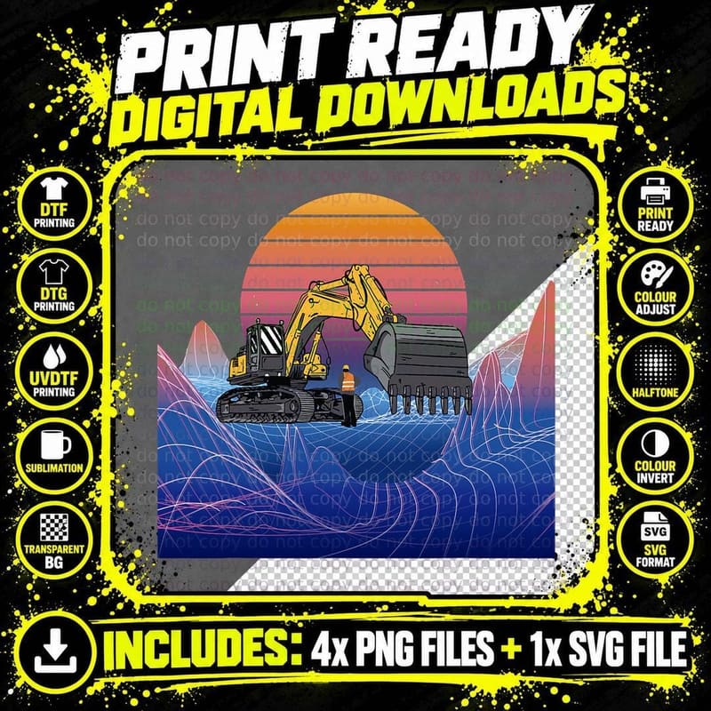 Excavator Vaporwave Sunset Backhoe Construction Truck Png SVG Digital Bundle