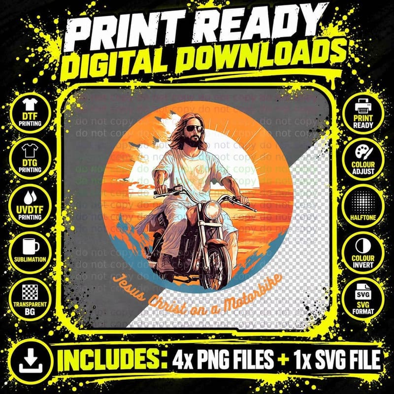 Jesus Christ on a Motorbike Classic Biker Rider T-Shirt Png SVG Digital Bundle
