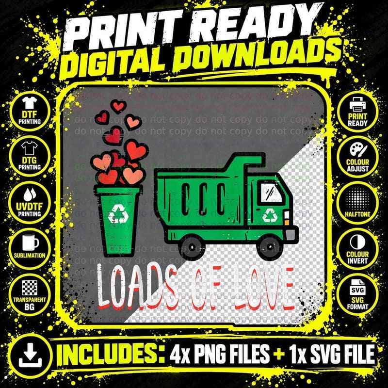 Kids Valentines Day Garbage Truck Loads of Love Boys Png SVG Digital Bundle