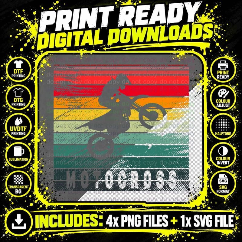 Motocross Dirt Bike Rider Vintage Retro Rainbow Png SVG Digital Bundle