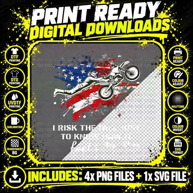 Motocross Dirtbike Motorcycle MX Us Flag Risk the Fall Png SVG Digital Bundle