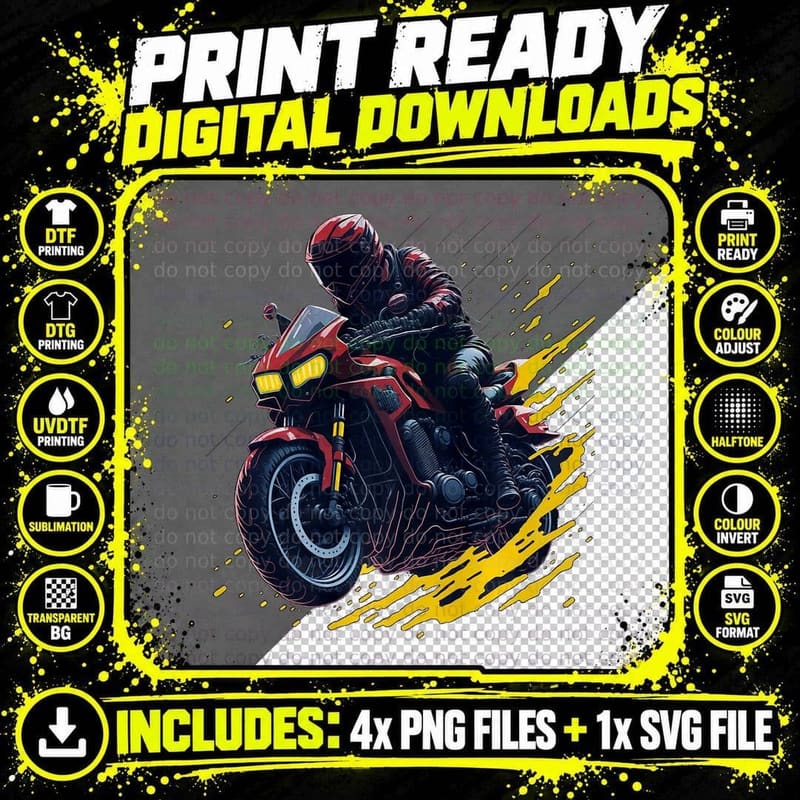 Motorbike Motorcycle Rider Classic Biker Legend Gift Png SVG Digital Bundle