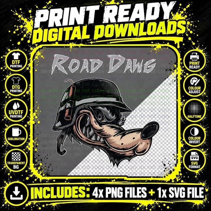 Motorcycle Biker Helmet Cartoon Road Dog Wolf Comic Png SVG Digital Bundle