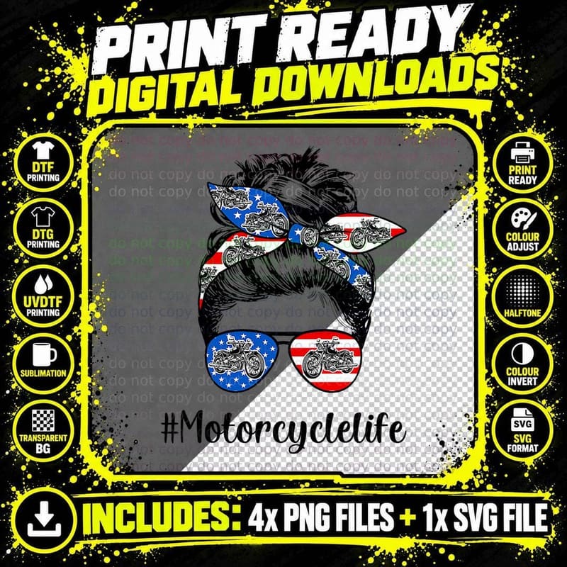Motorcycle Life Messy Bun Hair Mors Day Women Biker Png SVG Digital Bundle