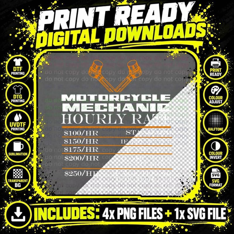 Motorcycle Mechanic - Biker Garage Hourly Rate Mechanic Png SVG Digital Bundle