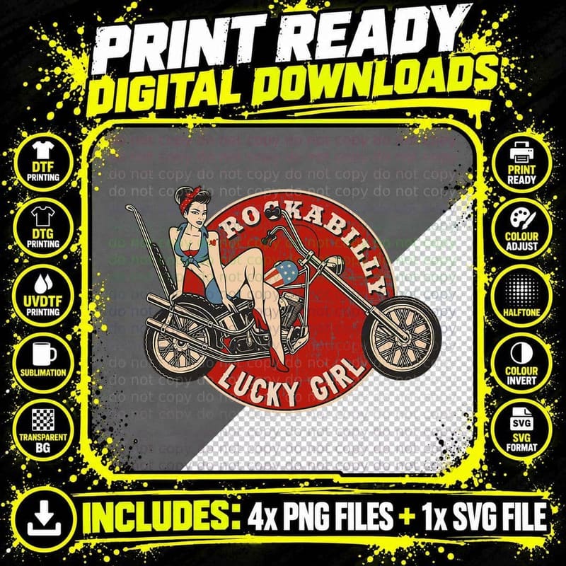 Motorcycle Pinup Girl Old School Rockabilly Lucky Girl Png SVG Digital Bundle