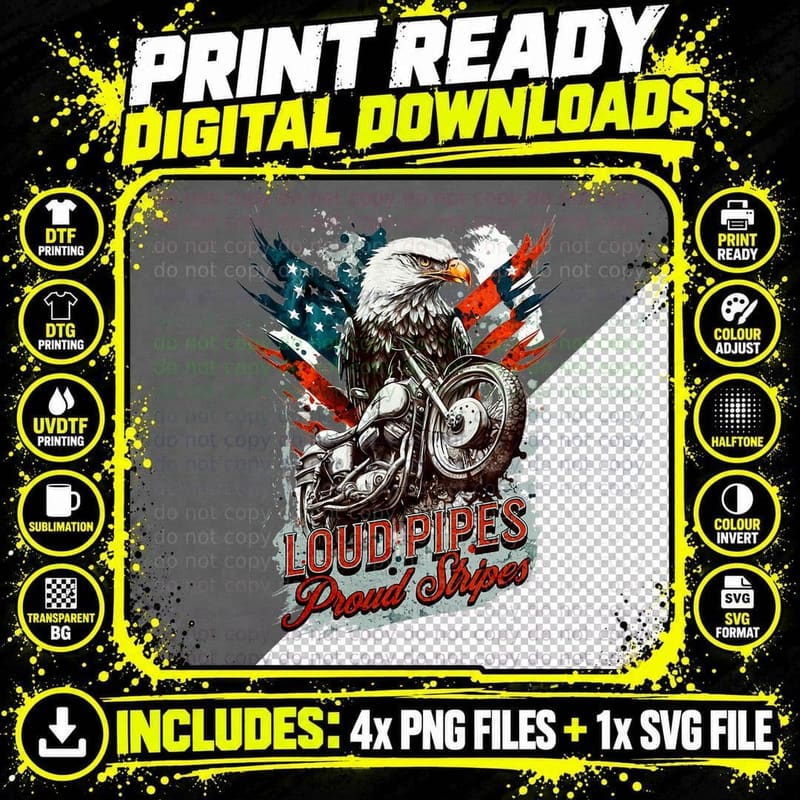Patriotic Old Biker American US Flag Vintage Motorcycle Png SVG Digital Bundle