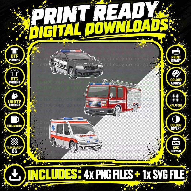 Police Car Fire Truck Ambulance First Responders Cars Png SVG Digital Bundle