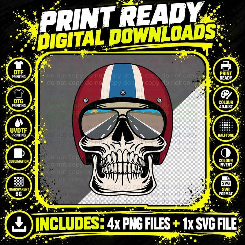 Retro Skull Wearing Motorcycle Helmet and Sunglasses Png SVG Digital Bundle