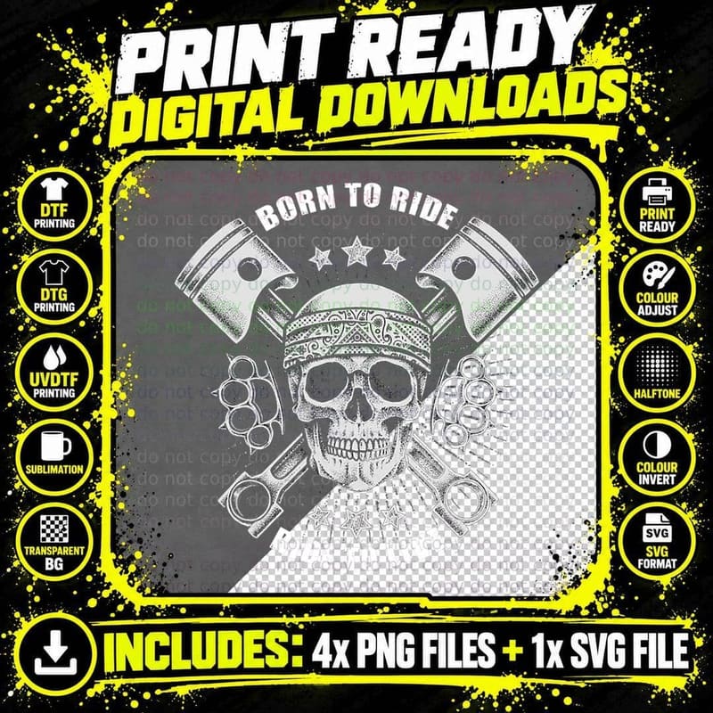 Rocker Skull Biker Motorcycle T-Shirt Png SVG Digital Bundle