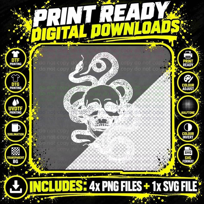 Skull Snake Vintage Metalhead Biker Tattoo Style Art Png SVG Digital Bundle