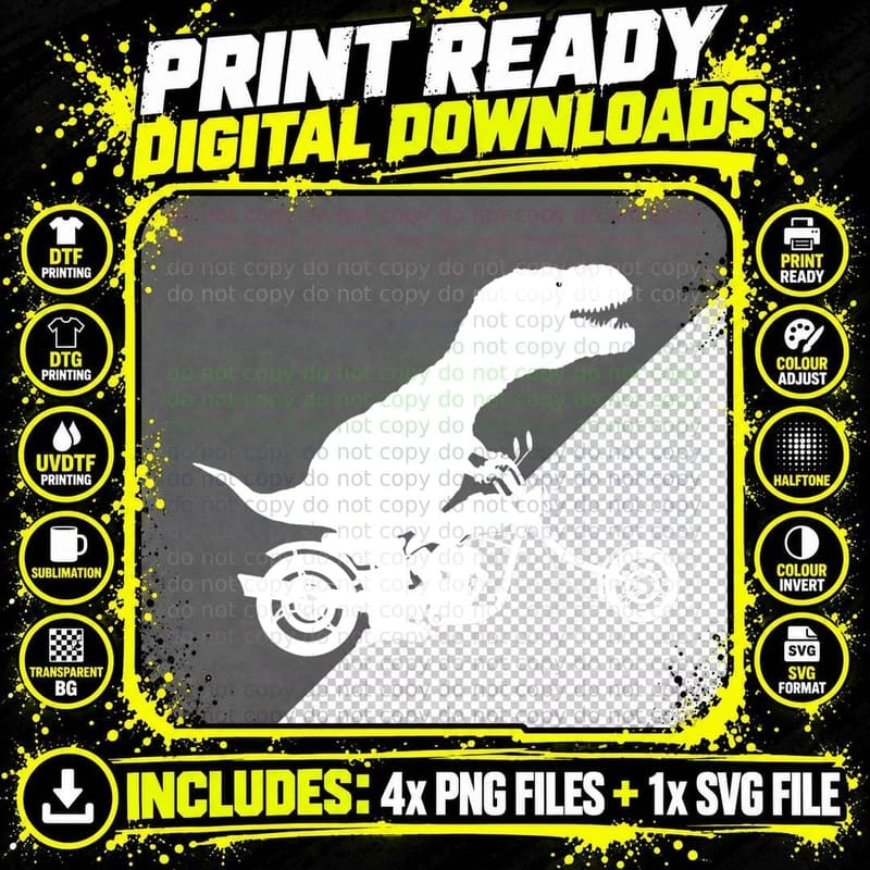 T-Rex Dinosaur Riding a Chopper Motorcycle for Short Png SVG Digital Bundle