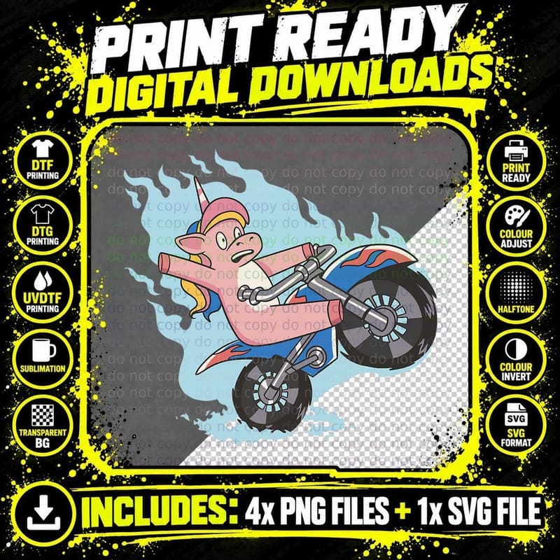 Unicorn on Motorcycle Creature T-Shirt Png SVG Digital Bundle