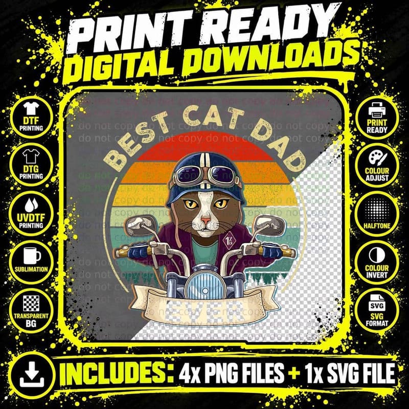 Vintage Best Cat Dad Ever Cat Riding Motorcycle Fathers Png SVG Digital Bundle