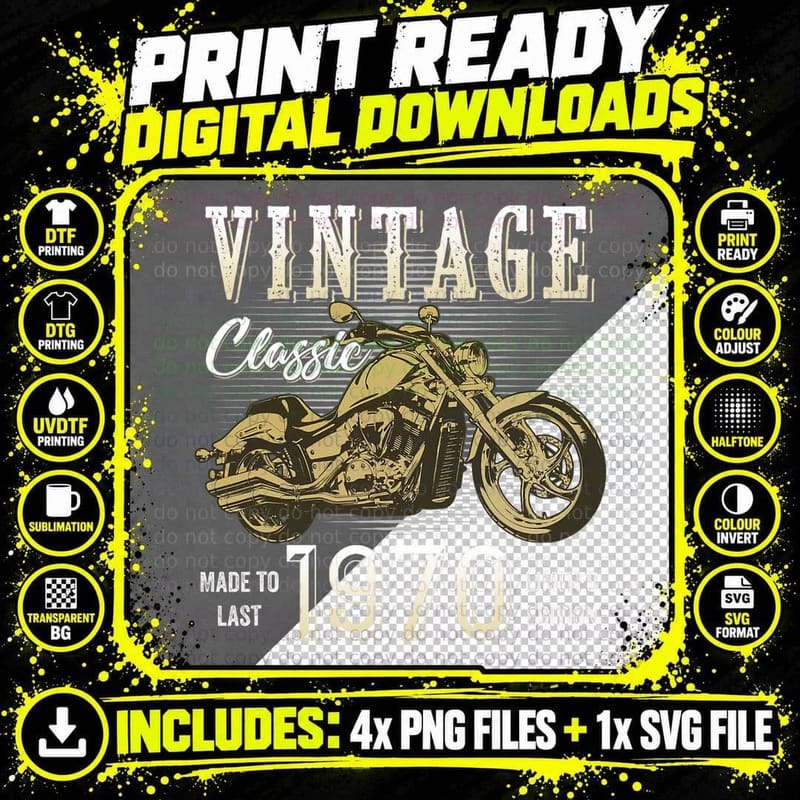 Vintage Motorbike Born 1970 Classic Motorcycle Birthday Png SVG Digital Bundle