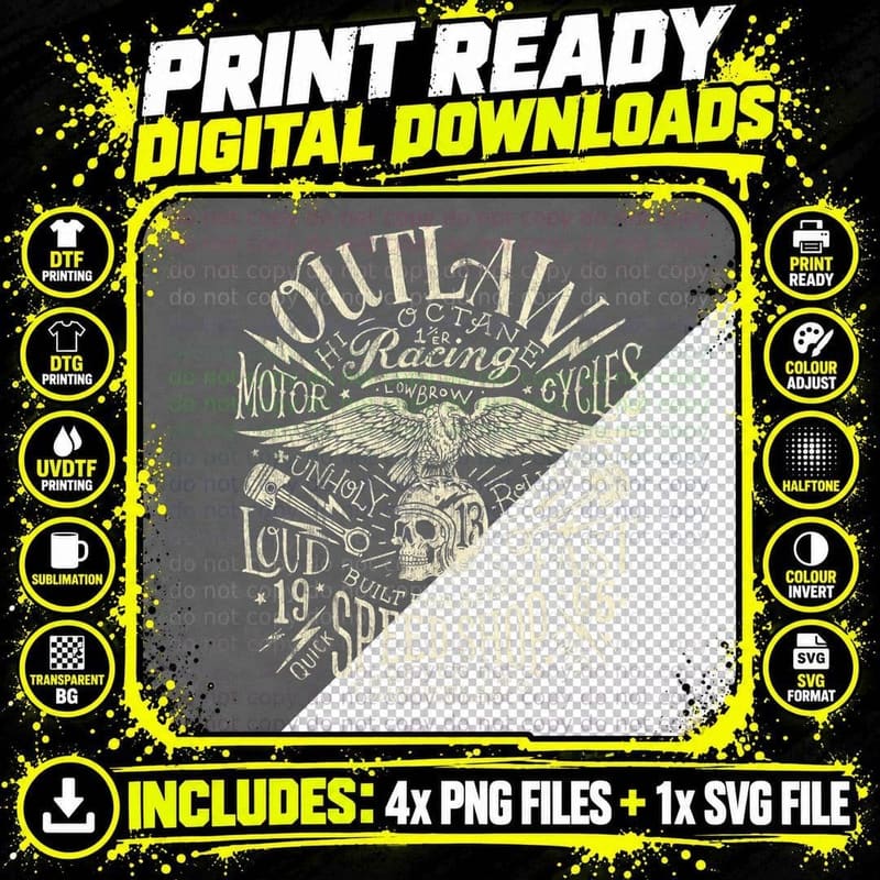 Vintage Vulture Outlaw Motorcycle Greaser Motors Old Png SVG Digital Bundle