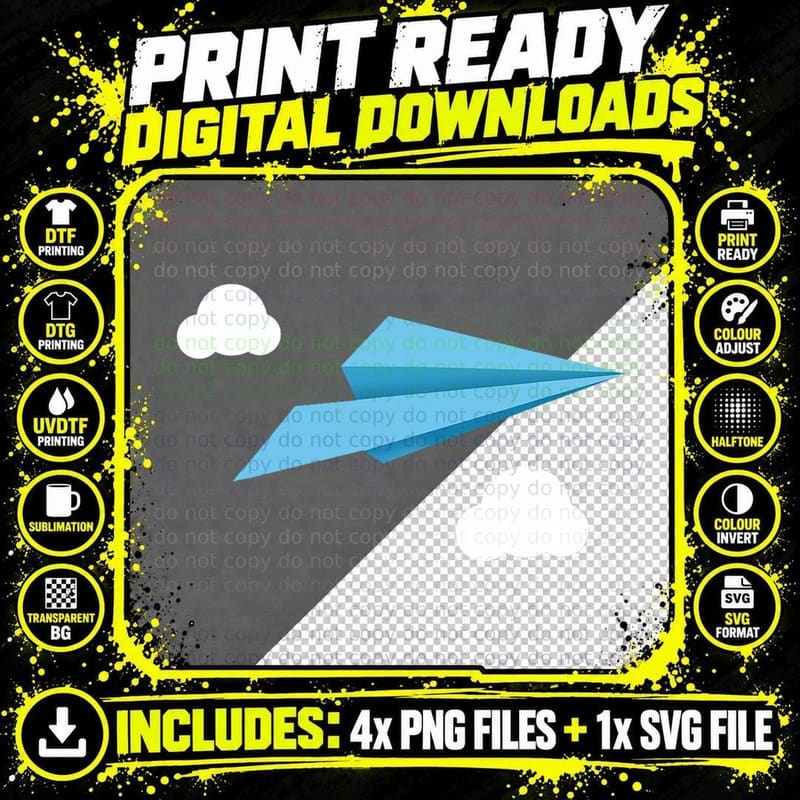 Blue Paper Airplane Paper Plane with White Clouds T-Shirt Png SVG Digital Bundle