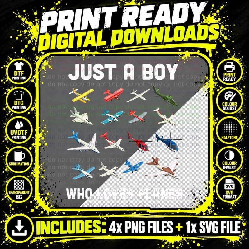 Just a Boy Who Loves Planes Tee, Aeroplane Helicopter Png SVG Digital Bundle