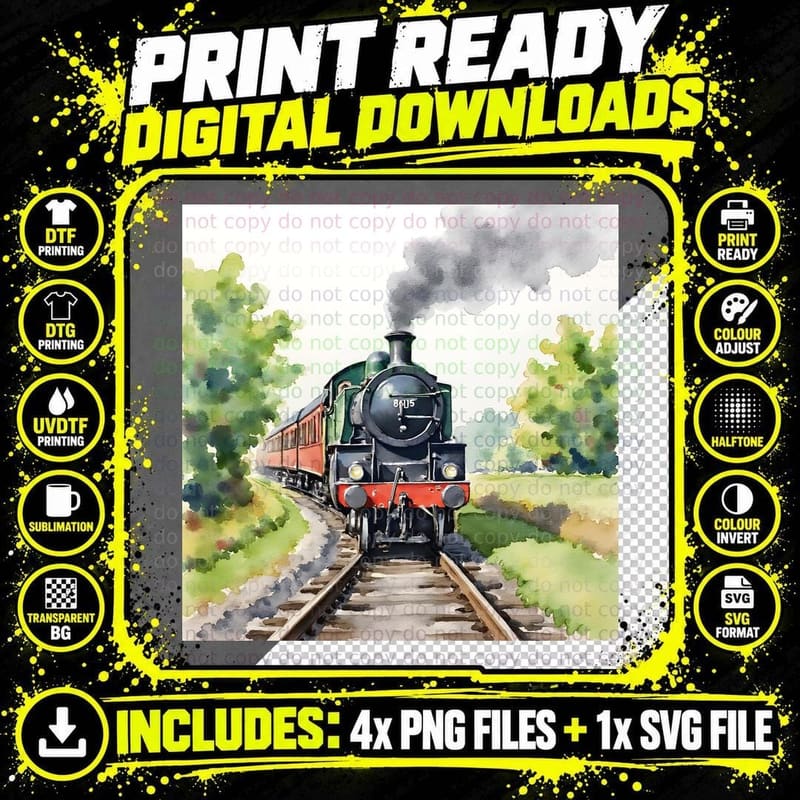 Watercolor Steam Train Locomotive Railway Engine Png SVG Digital Bundle