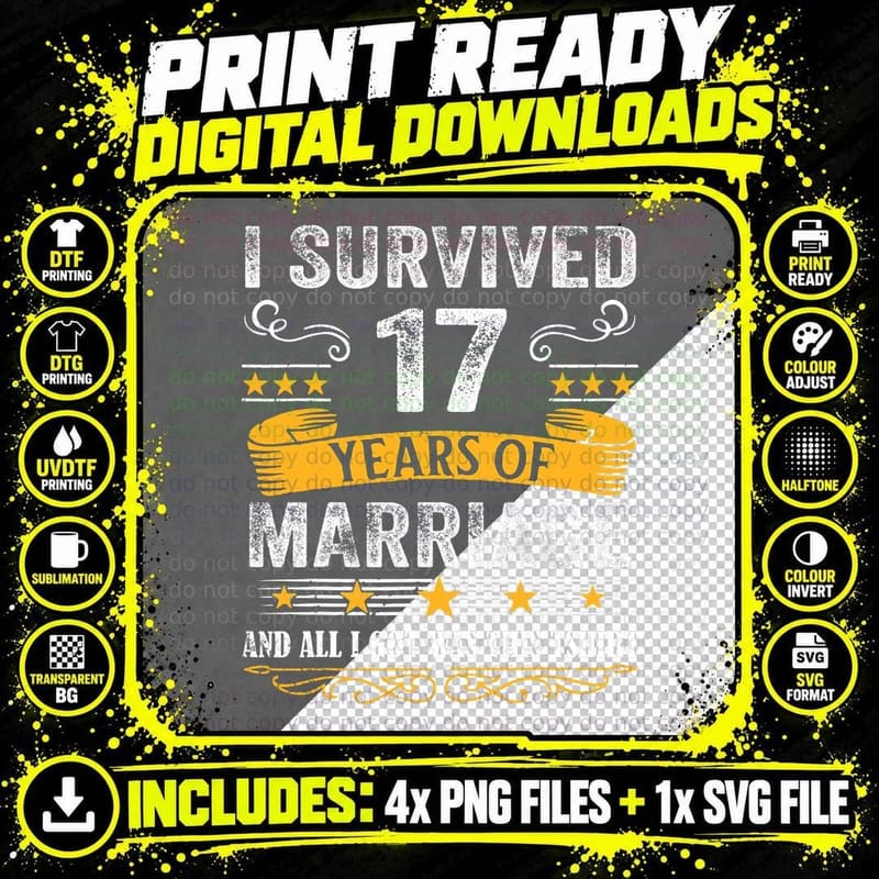 17th Wedding Anniversary Couples Husband Wife 17 Years Png SVG Digital Bundle