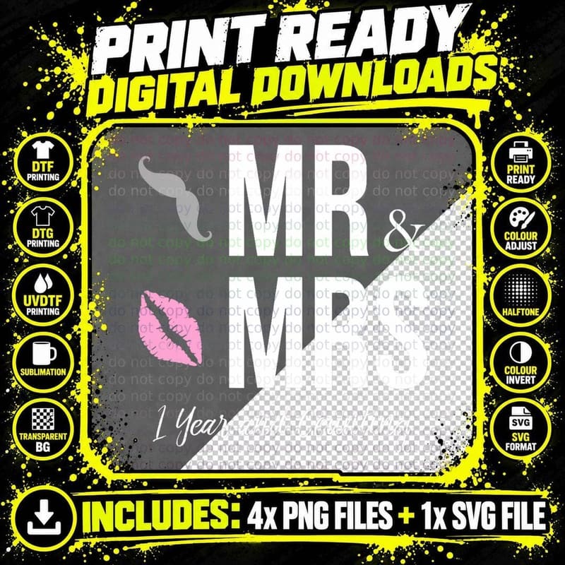 1st Wedding Anniversary Shirt - Mr. & Mrs. 1 Year T-Shirt Png SVG Digital Bundle