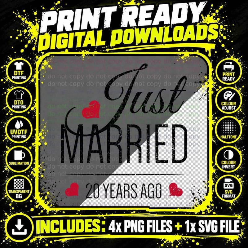 20th Wedding Anniversary - Just Married 20 Years Ago Png SVG Digital Bundle
