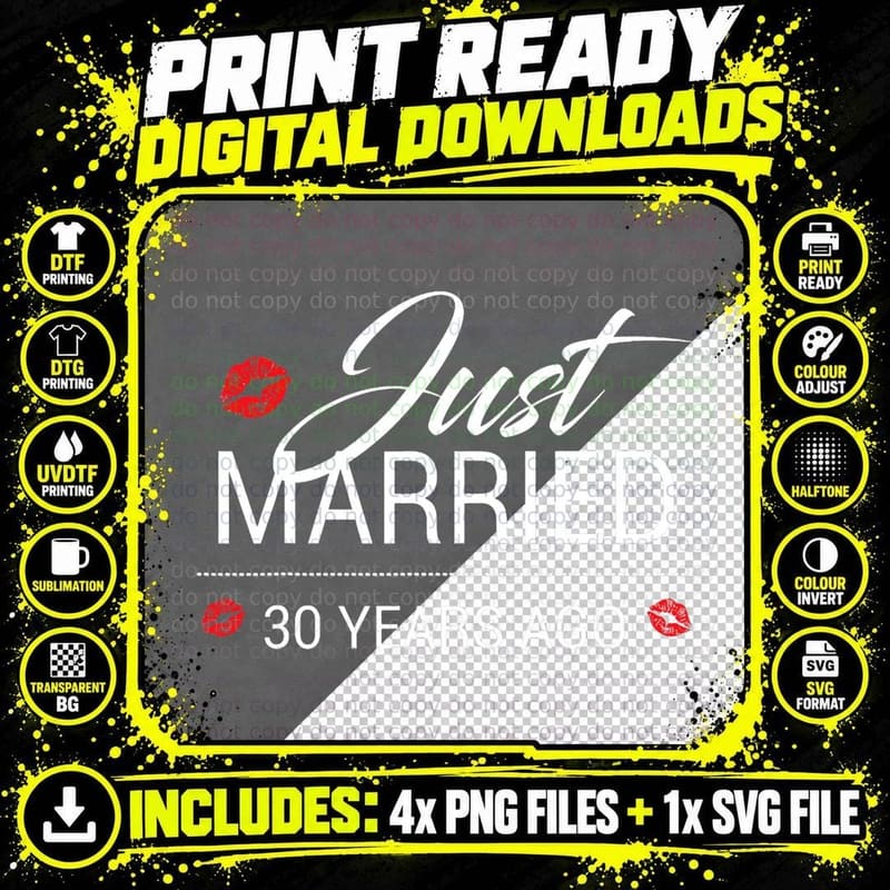 30th Year Wedding Anniversary with Kissing Lips T-Shirt Png SVG Digital Bundle
