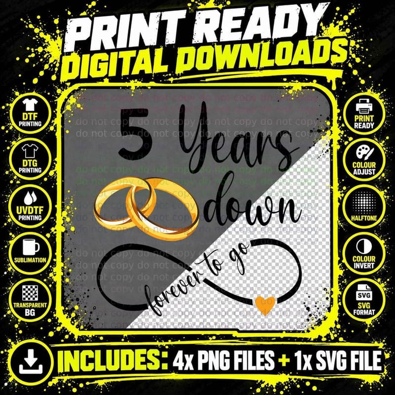 5 Years Down Forever to Go Couple 5th Wedding Png SVG Digital Bundle