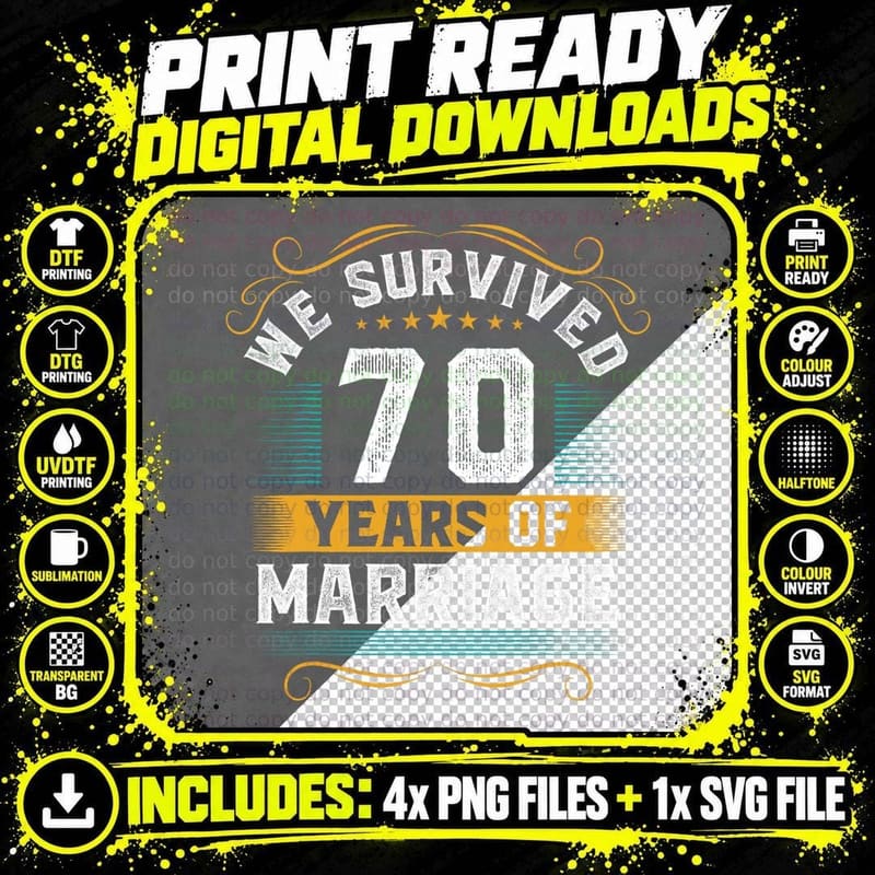 70th Wedding Anniversary Match Couples Husband Wife 70 Png SVG Digital Bundle