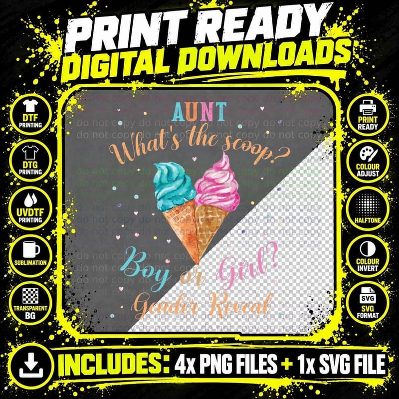 Aunt Ice Cream What's the Scoop Gender Reveal Matching Png SVG Digital Bundle