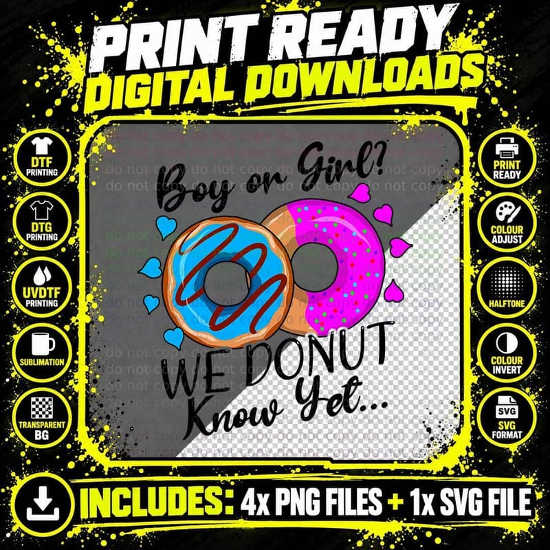 Boy or Girl We Donut Know Gender Reveal - Colorful Png SVG Digital Bundle
