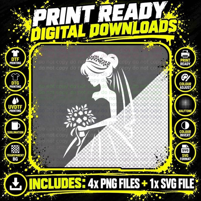 Bride Holding Bouquet Silhouette Wedding Design T-Shirt Png SVG Digital Bundle