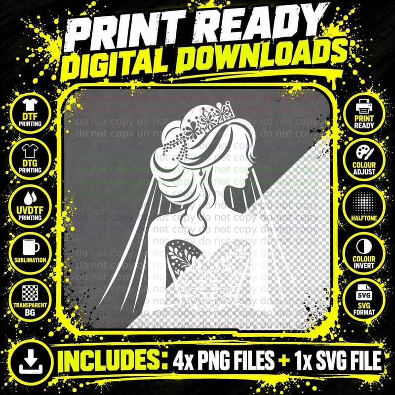 Bride Silhouette in Wedding Dress Wedding T-Shirt Png SVG Digital Bundle