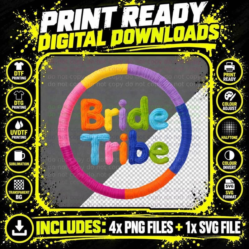Bride Tribe Colorful Yarn Stitched Bachelorette Party Png SVG Digital Bundle