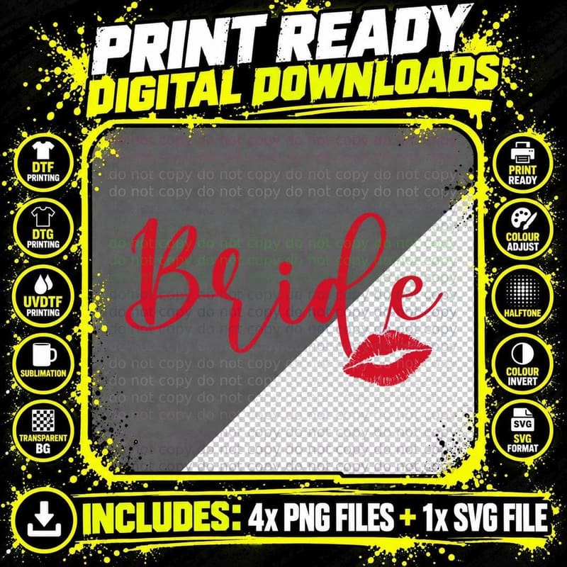 Bride Wedding T-Shirt, Red Lips on Gray Background Png SVG Digital Bundle