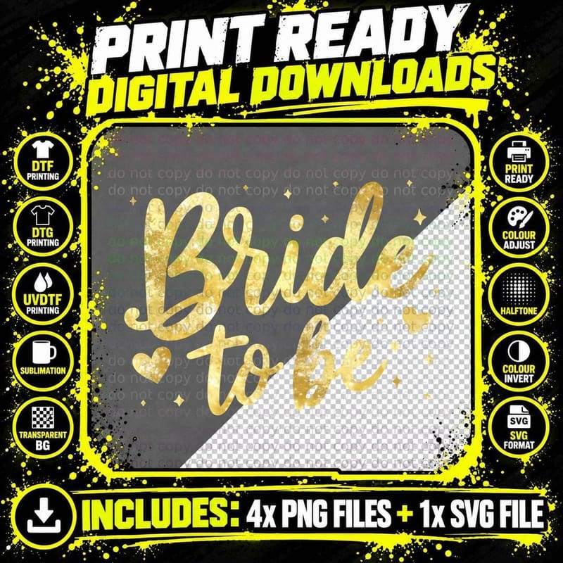 Bride to Be Gold Glitter Cursive Stars Hearts Wedding Png SVG Digital Bundle