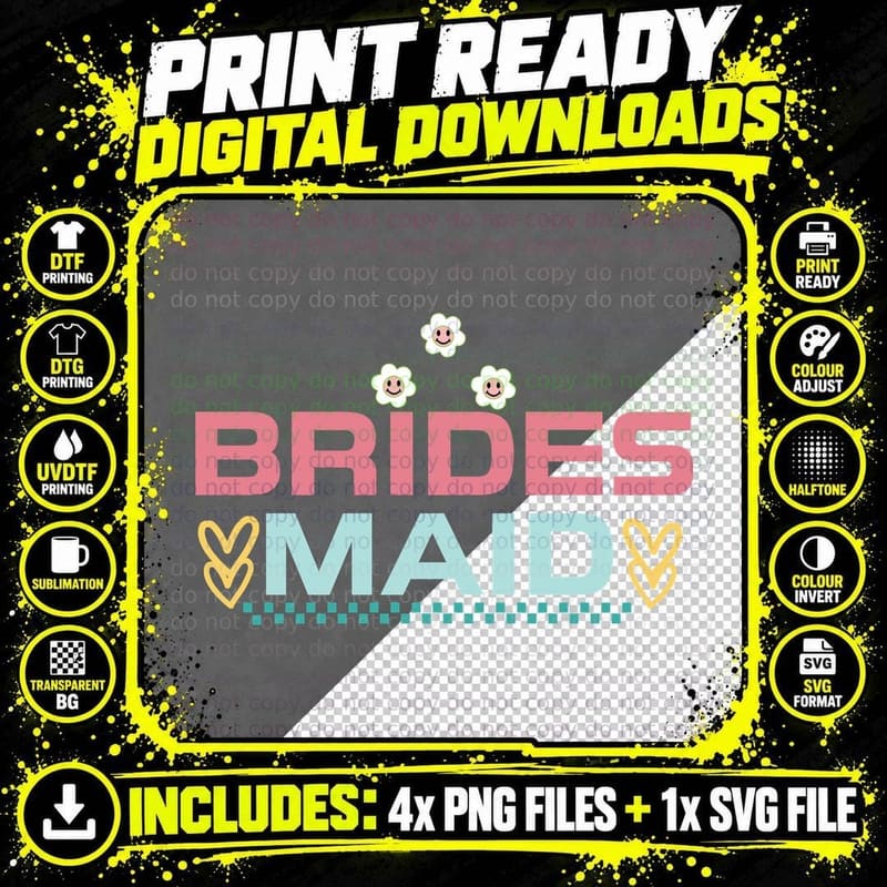 Bridesmaid Wedding T-Shirt, Smiling Flowers Hearts Png SVG Digital Bundle