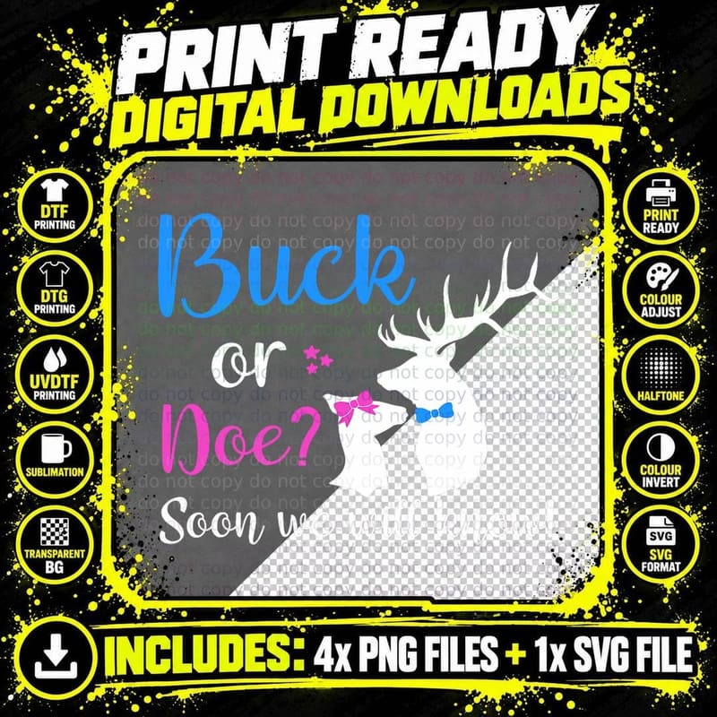Buck or Doe Deer Gender Reveal Baby Shower Party Idea Png SVG Digital Bundle
