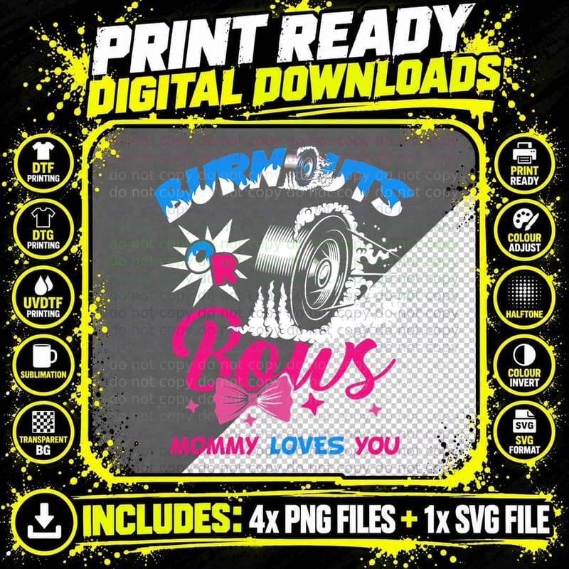 Burnouts or Bows Gender Reveal Baby Party Announcement Png SVG Digital Bundle