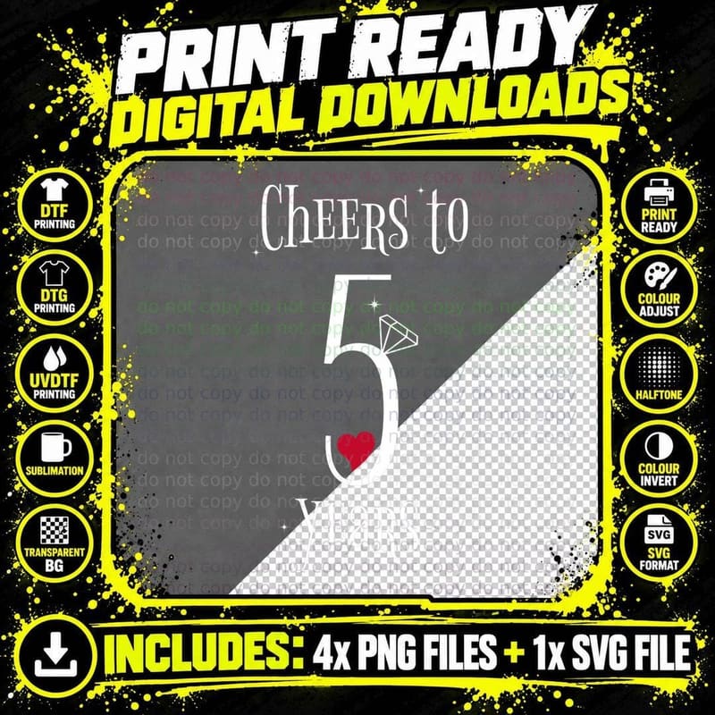 Cheers to 5 Years - 5th Wedding Anniversary T-Shirt Png SVG Digital Bundle
