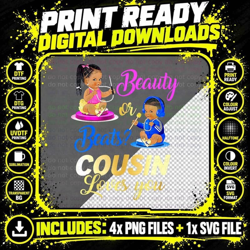 Cute Beauty or Beat Cousin Loves You - Gender Reveal Png SVG Digital Bundle