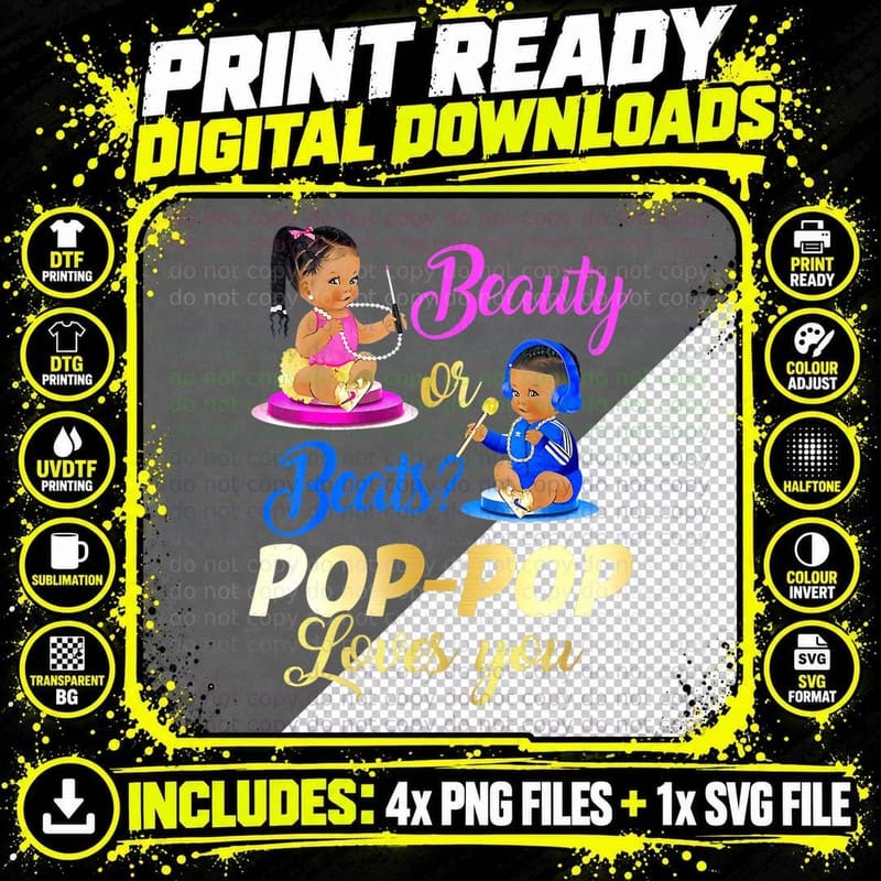 Cute Beauty or Beat Pop-Pop Loves You - Gender Reveal Png SVG Digital Bundle