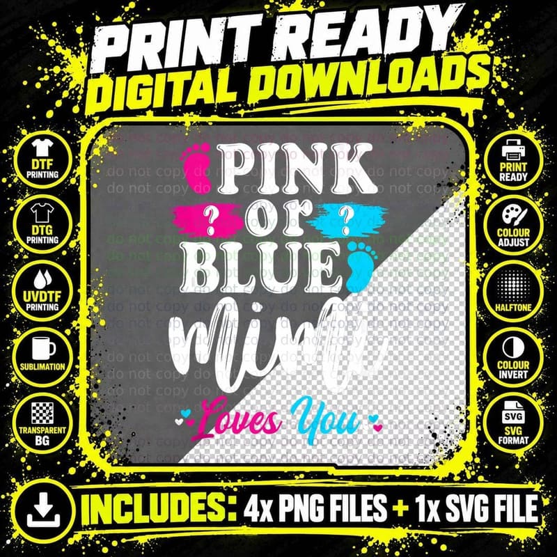 Cute Gender Reveal Baby Pink or Blue Mimi Loves You Png SVG Digital Bundle